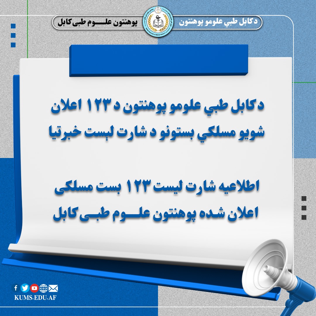 بست هااطلاعیه شارت لیست ۱۲۳ بست مسلکی اعلان شده پوهنتون علوم طبی کابل