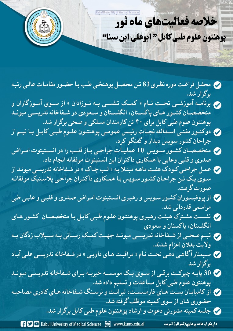 خلاصه فعالیت های ماه ثور پوهنتون علوم طبی کابل 