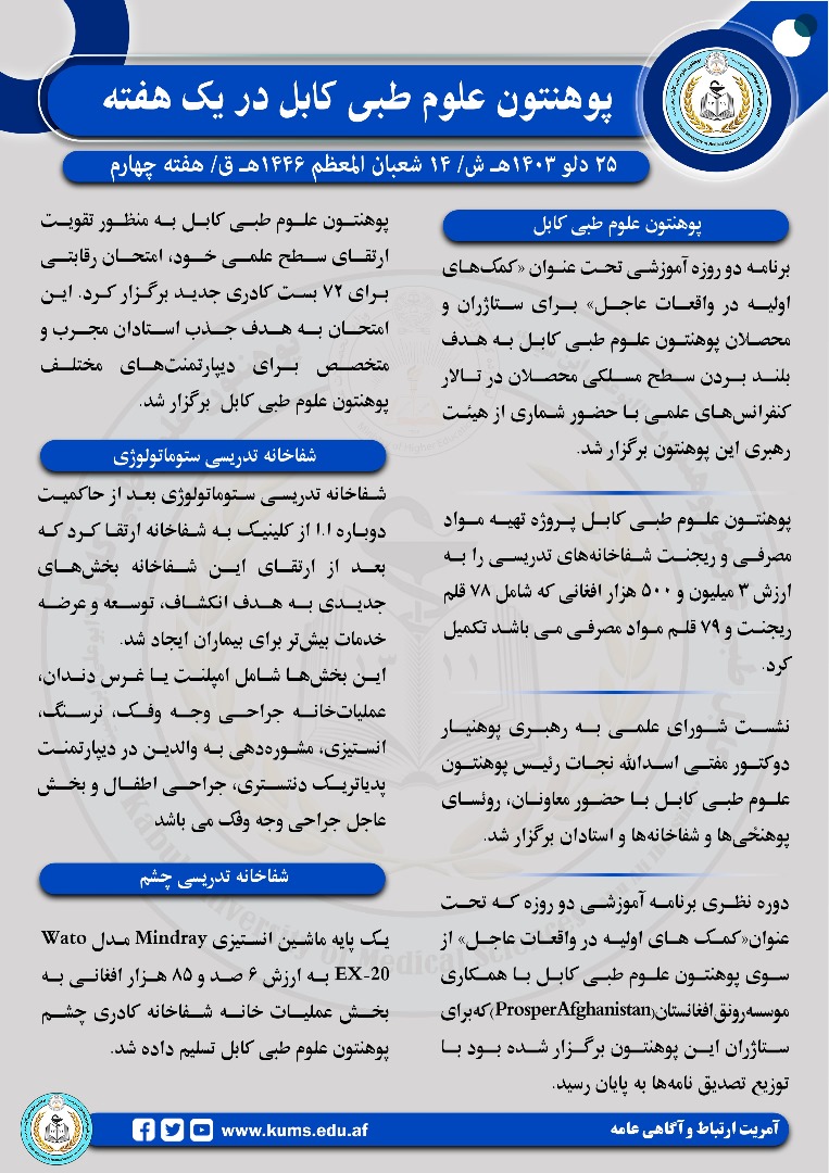 پوهنتون علوم طبی کابل و شفاخانه های تدریسی در یک هفته گذشته!