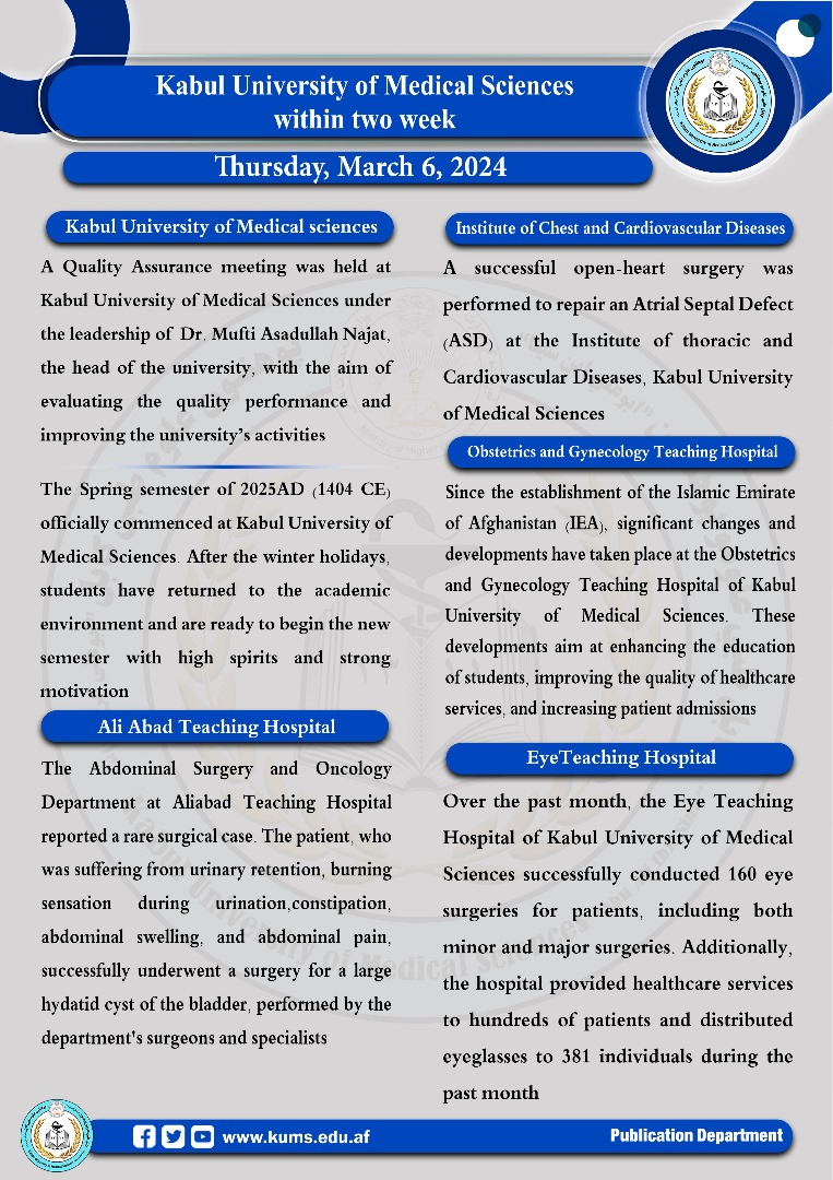 Kabul University of Medical Sciences and its teaching hospital last week activities Summary
