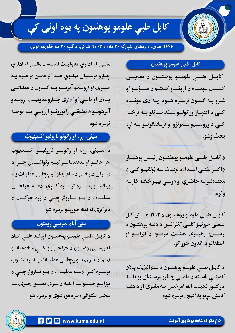 کابل طبي علومو پوهنتون او اړونده تدریسي روغتونه په تېره یوه اونۍ کې!