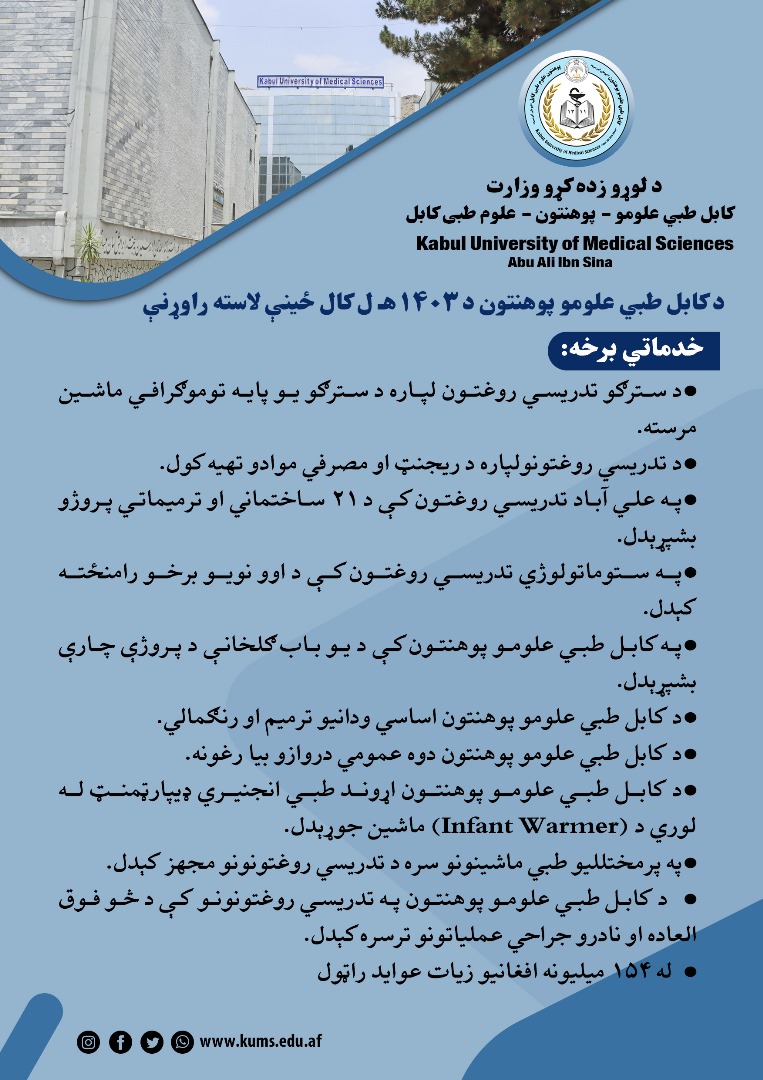 په خدماتي برخه کې د کابل طبي علومو پوهنتون د ۱۴۰۳ هـ ش کال  ځینې مهمې لاسته راوړنې: