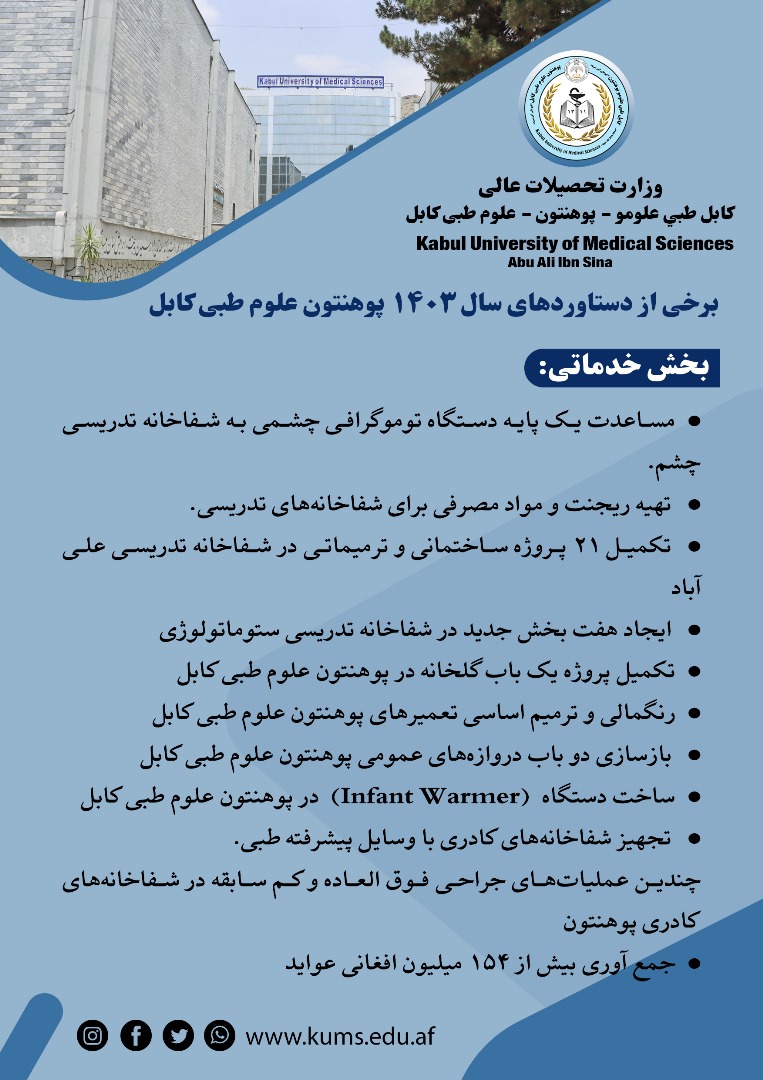 بخشی از دست آوردهای مهم خدماتي سال ۱۴۰۳ هـ ش پوهنتون علوم طبی کابل: