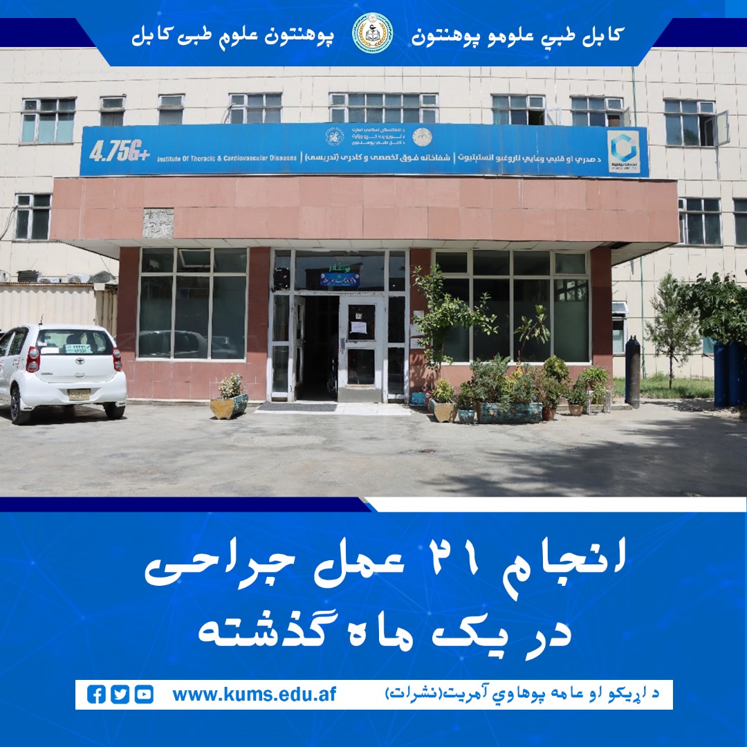 در جریان یک ماه گذشته، انستیتوت امراض صدری و قلبی‌وعایی پوهنتون علوم طبی کابل توانسته است ۲۱ عمل جراحی کبیره و صغیره را به ‌طور موفقانه انجام دهد.