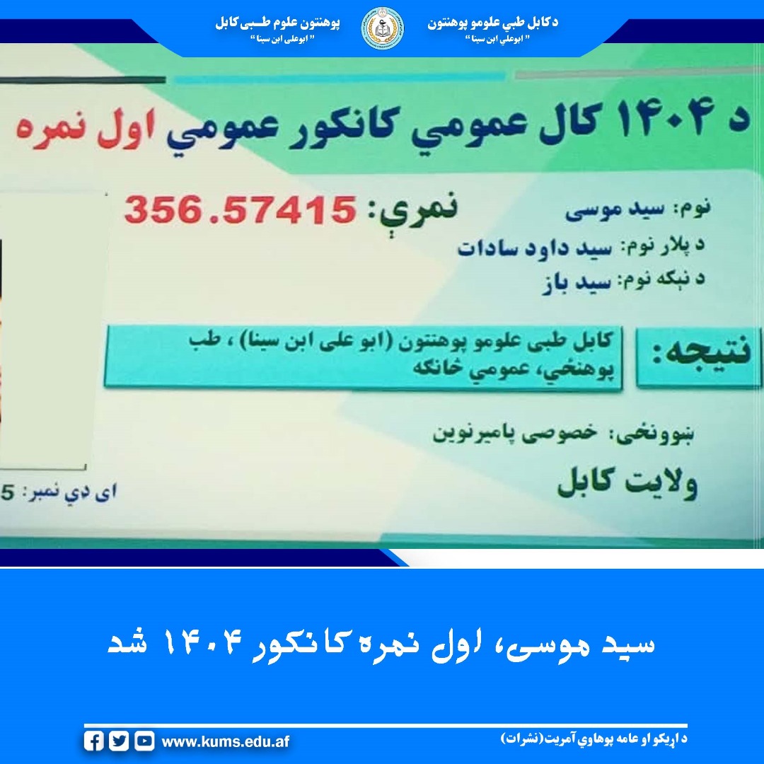 سید موسی فرزند سید داود با کسب ۳۵۶.۵۷۴ نمره در امتحان کانکور سراسری سال ۱۴۰۴، مقام اول نمره عمومی کشور را به دست آورده و موفقانه در پوهنځی طب این پوهنتون شامل گردیده است.