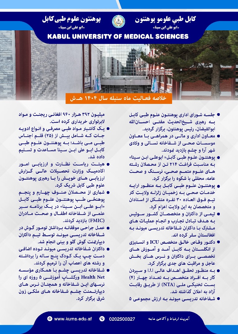 پوهنتون علوم طبی کابل و شفاخانه های تدریسی آن در یک ماه گذشته!