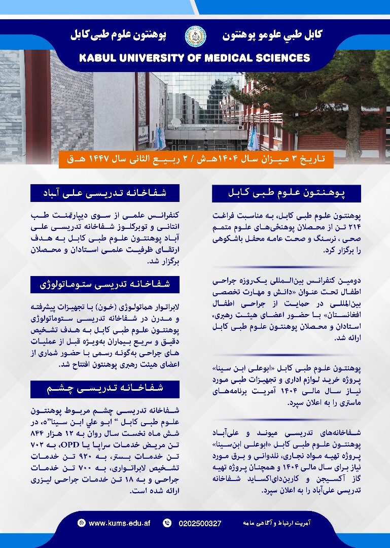 خلاصه فعالیت های پوهنتون علوم طبی کابل و شفاخانه های تدریسی آن در یک هفته گذشته!