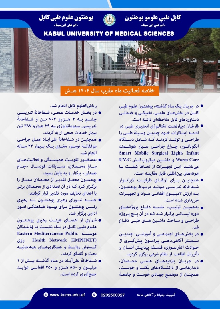 خلاصه فعالیت های پوهنتون علوم طبی کابل و شفاخانه های تدریسی در یک ماه گذشته!