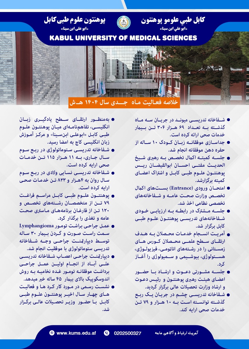 خلاصه فعالیت های پوهنتون علوم طبی کابل و شفاخانه های تدریسی آن در ماه جدی!