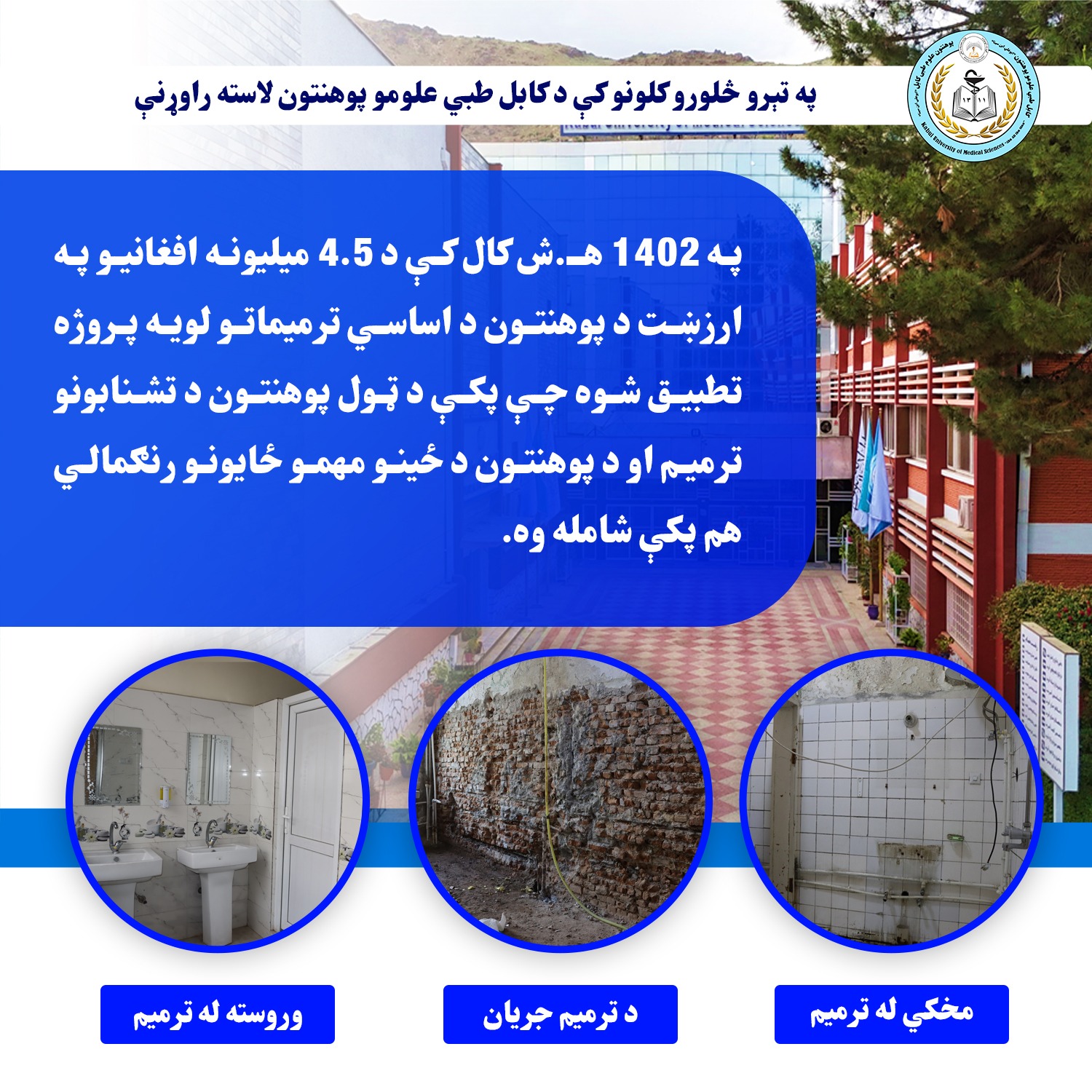 په 1402 هـ.ش کال کې د 4.5 میلیونه افغانیو په ارزښت د پوهنتون د اساسي ترمیماتو لویه پروژه تطبیق شوه چې پکې د ټول پوهنتون د تشنابونو ترمیم او د پوهنتون د ځینو مهمو ځایونو رنګمالي هم پکې شامله وه.  #په_تېرو_څلورو_کلونو_کې_د_کابل_طبي_علومو_پوهنتون_مهمې_لاسته_راوړنې #نهم_پوسټر
